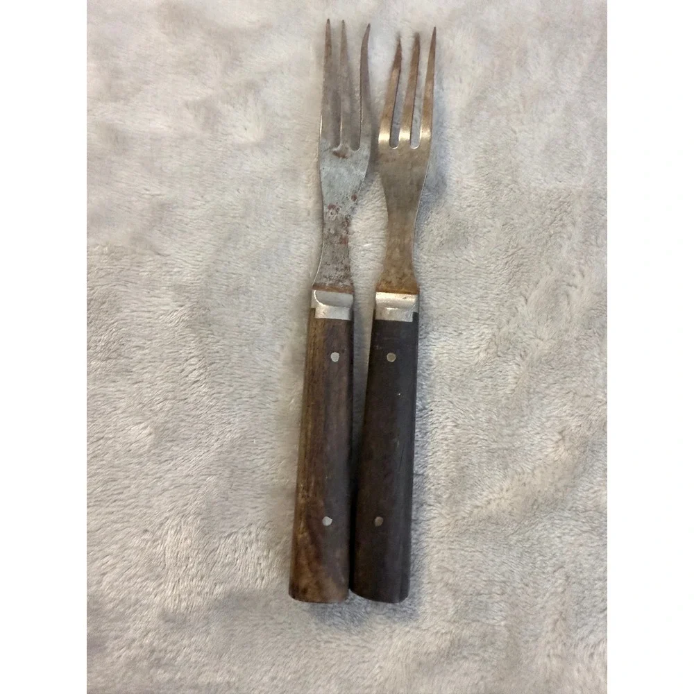 Vintage Mid Century 2 Prong Carving Serving Forks Wood Handles Set of 2